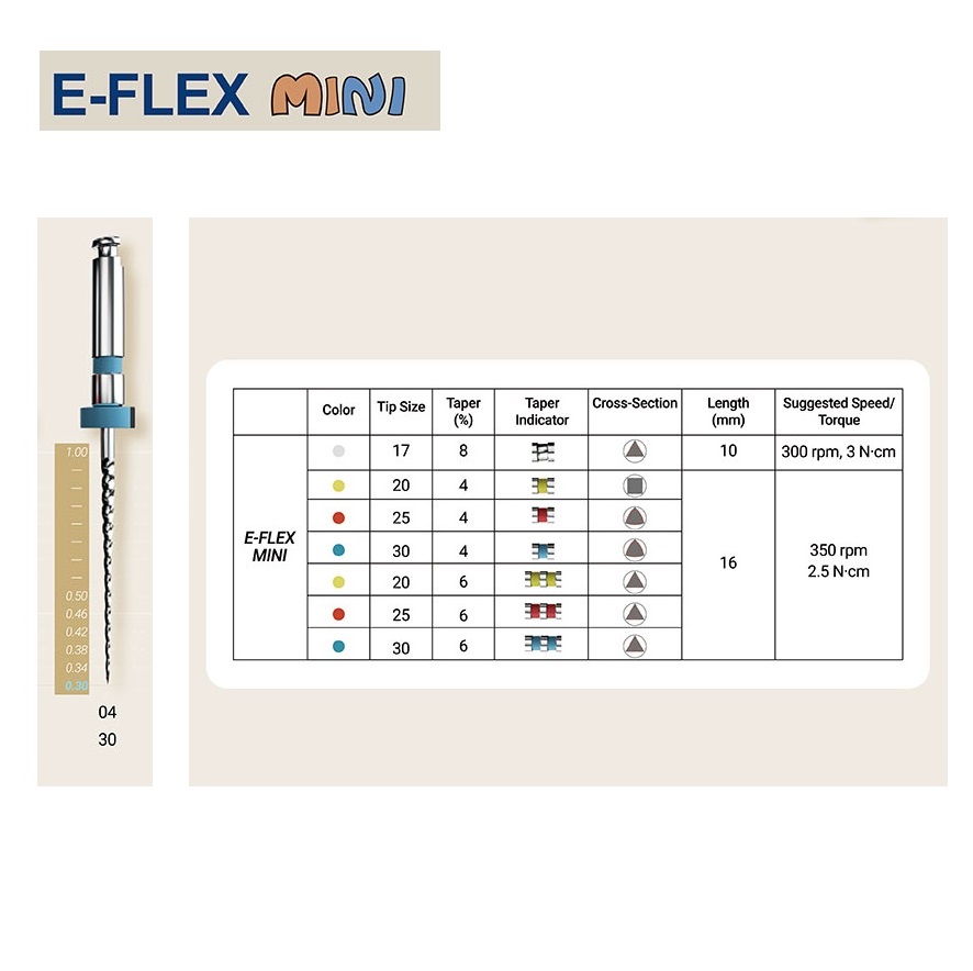 E-FLEX MINI №30 конусность 04 (6шт) E-FLEX MINI 30/04, L=16мм, 6шт укороченные файлы для детских зубов, Eighteeth